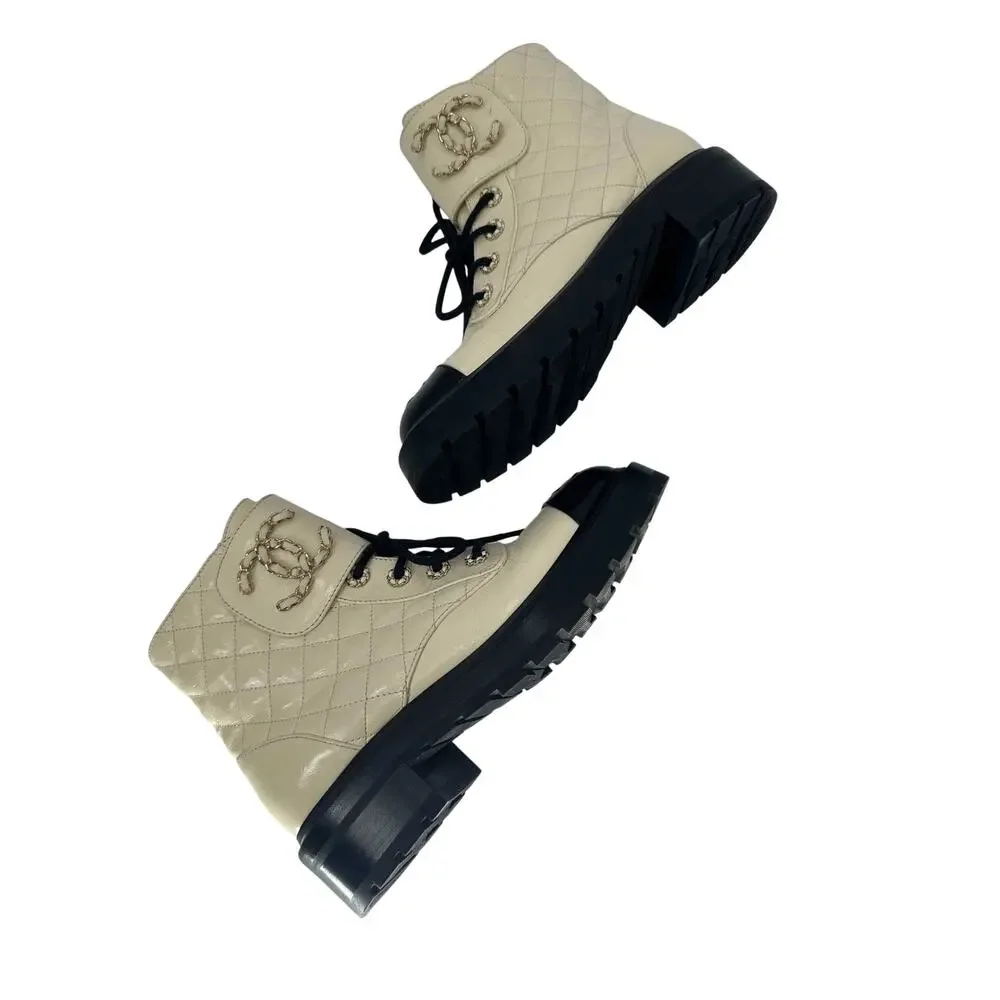 Chanel Goatskin Quilted Chain CC Cap Toe Lace Up Combat Boots Ivory Women's 37.5